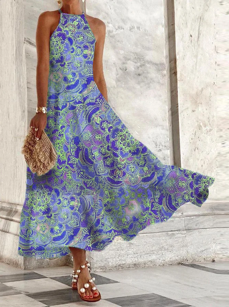 Women's Halter Abstract Casual Sleeveless Maxi Dress, Blue, Maxi