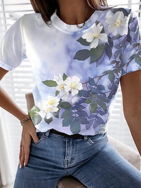 

Casual Floral Crew Neck Short Sleeve T-Shirt, As picture, T-Shirts