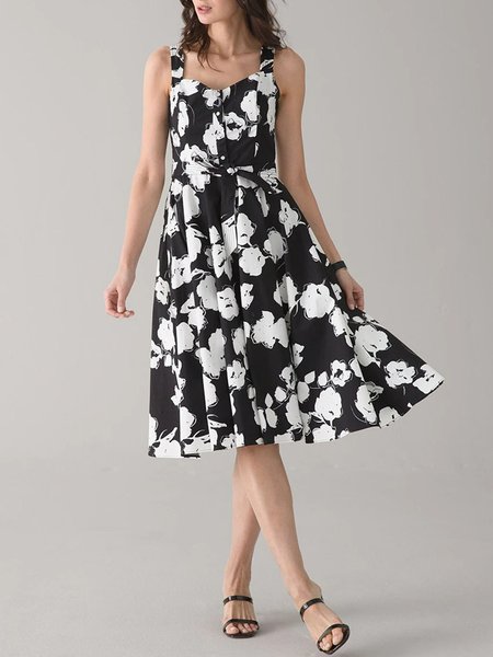 

Square Neck Vacation Sleeveless Woven Dress, Black-white, Maxi Dresses