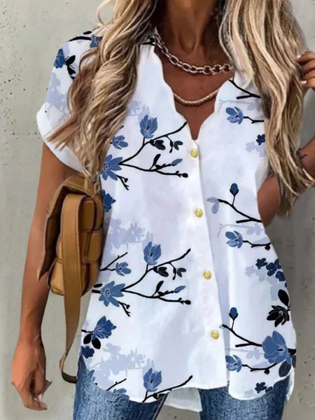 

Casual Floral Short Sleeve V Neck Plus Size Printed Blouses, Blue, Blouses & Shirts