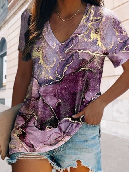 

Vacation V Neck Loosen Short Sleeve Tops, Multicolor, T-Shirts