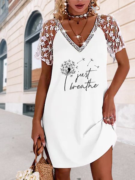 

V Neck Loosen Dandelion Short Sleeve Woven Dress, White, Dresses