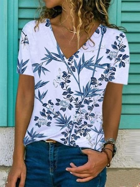JFN V Neck Floral Casual T-Shirt/Tee, Blue, T-Shirts