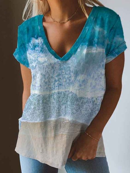 

Cotton Blends Casual V Neck Short Sleeve T-Shirt, Blue, Tunics