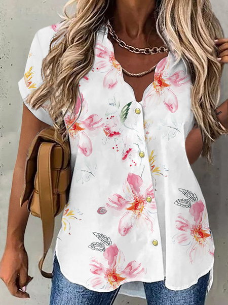

Plus size Floral V Neck Floral Short Sleeve Blouse, White, Blouses & Shirts