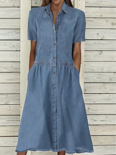 

Solid Casual Denim Lapel Short Sleeve Woven Dress, Blue, Shirt Dresses