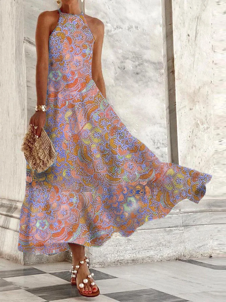 

Women's Sleeveless Summer Ethnic Dress Halter Vacation Going Out Casual Maxi H-Line Tank Green, Orange, Dresses
