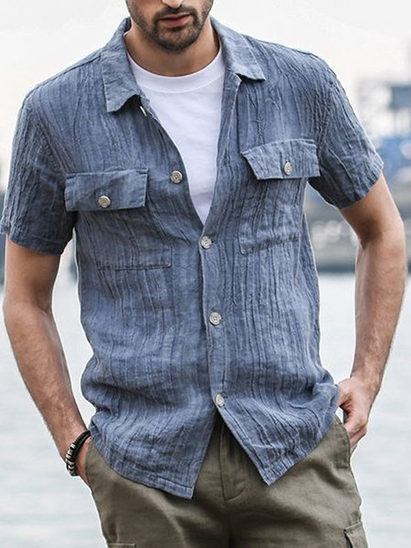 

Men's Vintage Short Sleeve Linen Shirt, Blue, Shirts ＆ Blouse