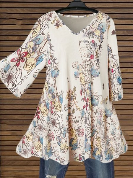 

Short Sleeve Floral-Print Casual V Neck Tops, Multicolor, Shirts ＆ Blouse