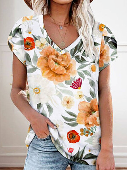 

Floral V Neck Casual Short Sleeve T-Shirt, White, T-Shirts