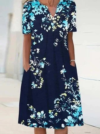 

Floral Casual Loosen Short Sleeve Woven Dress, Blue, Dresses