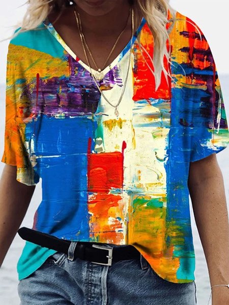 

Loosen V Neck Geometric Short Sleeve T-Shirt, Multicolor, T-Shirts