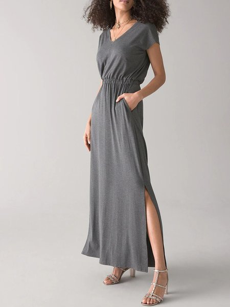 

Simple Loosen V Neck Short Sleeve Knit Dress, Gray, Maxi Dresses
