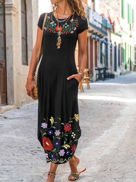 

Casual Regular Fit Tribal Short Sleeve Knit Dress, Black, Dresses