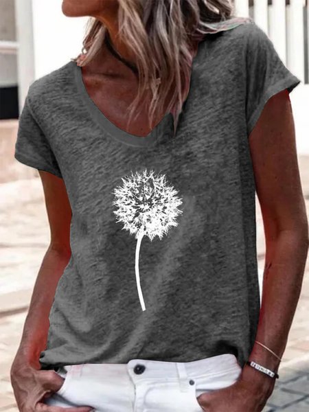

JFN V Neck Dandelion Casual T-Shirt/Tee, Gray, T-Shirts