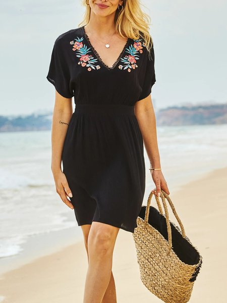 

Floral V Neck Loosen Short Sleeve Woven Dress, Black, Mini Dresses