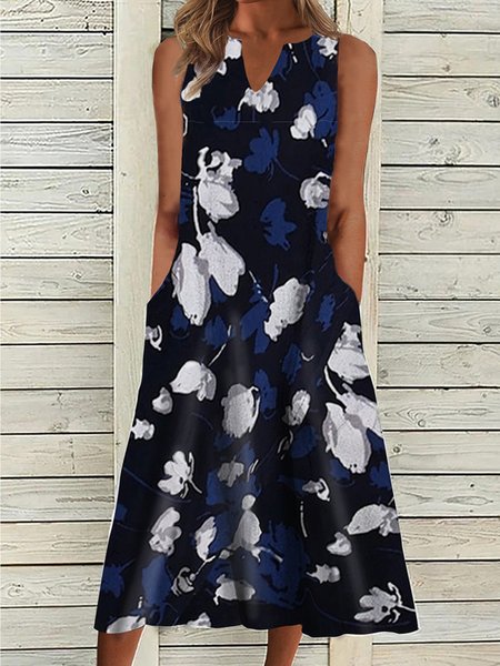 

Notched Loosen Pastoral Sleeveless Woven Dresses, Black, Midi Dresses