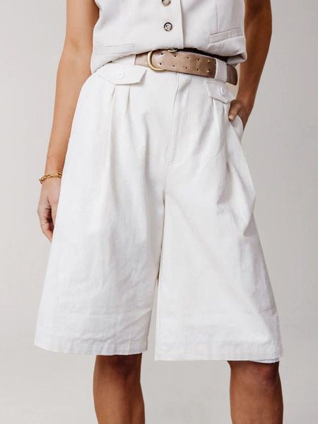 

Casual Cotton Solid Shorts, White, Wide Leg Pants