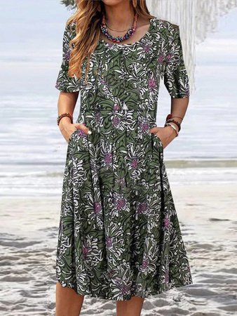 

Crew Neck Casual Tropical Short Sleeve Knit Dress, Green, Dresses