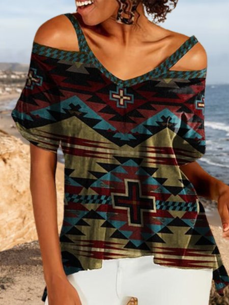 

Geometric Vacation V Neck Short Sleeve Tops, Multicolor, T-Shirts