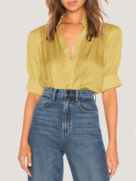 

Stand Collar Simple Puff Sleeve Short Sleeve Blouse, Yellow, Blouses and Shirts