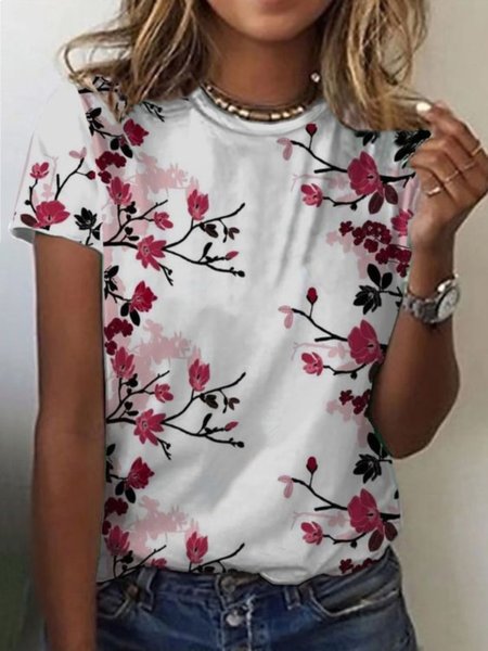 

Casual Short Sleeve Round Neck Printed T-shirt, Rose, T-shirts
