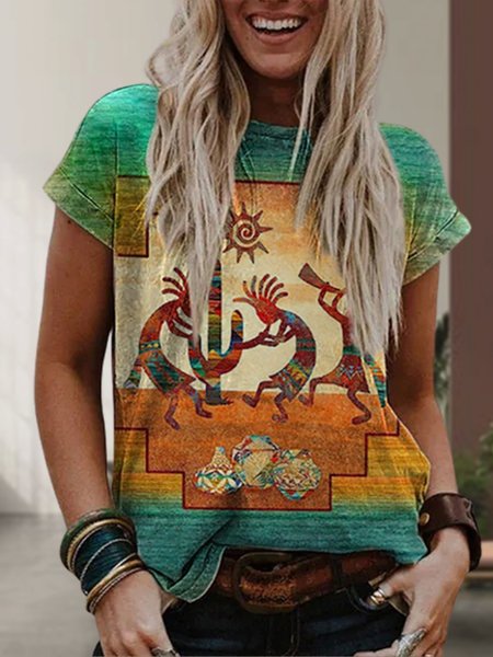 

Loosen Crew Neck Vacation Short Sleeve Tops, Multicolor, T-Shirts