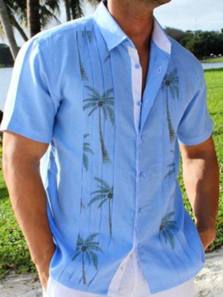 

Men's Linen Lapel Blue Printed Casual Shirt, Lightblue, Shirts ＆ Blouse