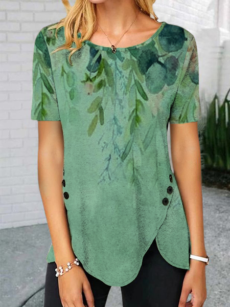 

Floral Short Sleeve Printed Cotton-blend Crew Neck Vintage Summer Green Top, Tunics