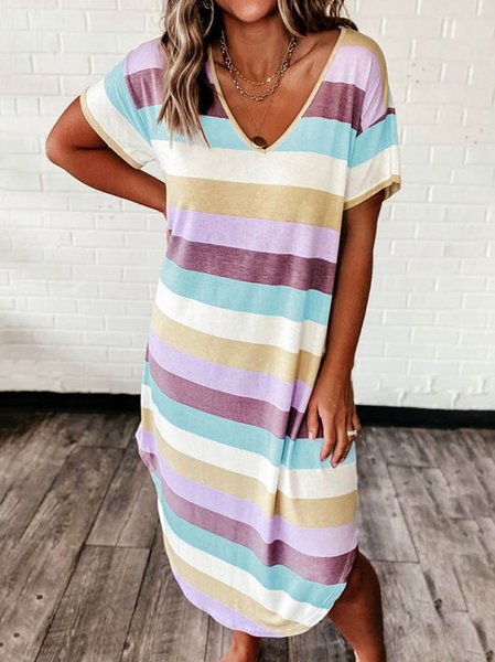 

V Neck Geometric Striped Short Sleeve Knit Dress, Multicolor, Dresses