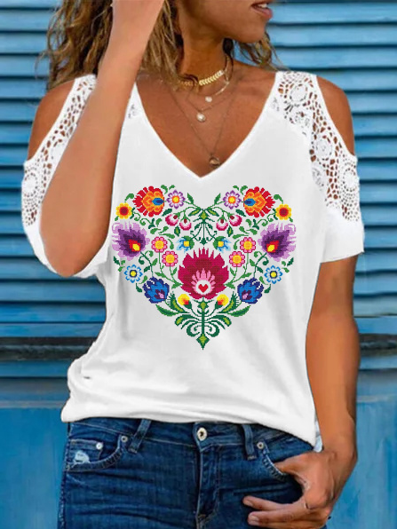 

Tribal V Neck Casual Short Sleeve Tops, White, Shirts & Blouses