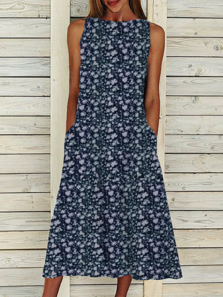 

Sleeveless Crew Neck Floral Dress, Purplish blue, Midi