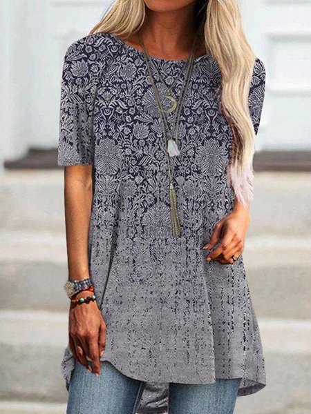 

Boho Geometric Tribal Floral Loosen Crew Neck Tunic Short Sleeve T-Shirt, Flower, T-Shirts