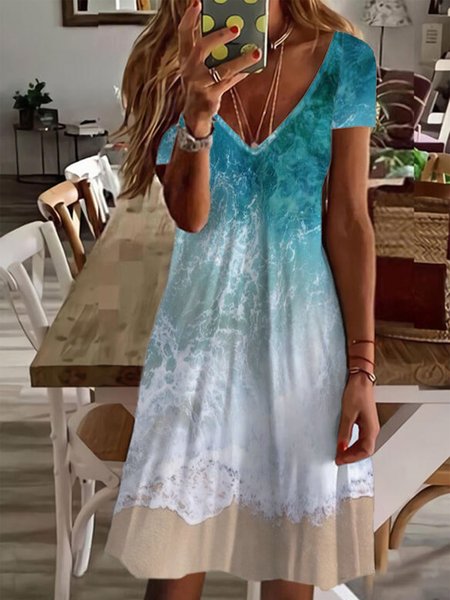 

Sea Gradient Painted V-Neck Short Sleeve Casual Dress, Multicolor, Short