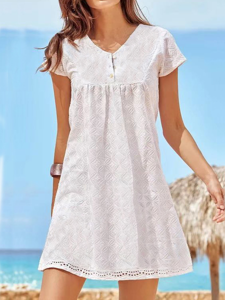 

Vacation Geometric Loosen Short Sleeve Woven Dress, White, Dresses