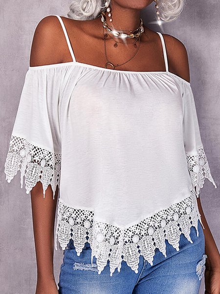 

Casual Asymmetric Guipure Short Sleeve Tops, White, Shirts & Blouses