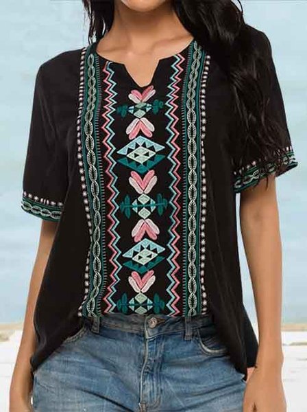 

V Neck Cotton Blends Tribal Short Sleeve T-Shirt, Black, T-Shirts