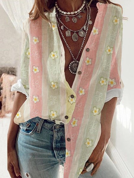 Vacation Stand Collar Loosen Long Sleeve Blouse, White, Blouses & Shirts