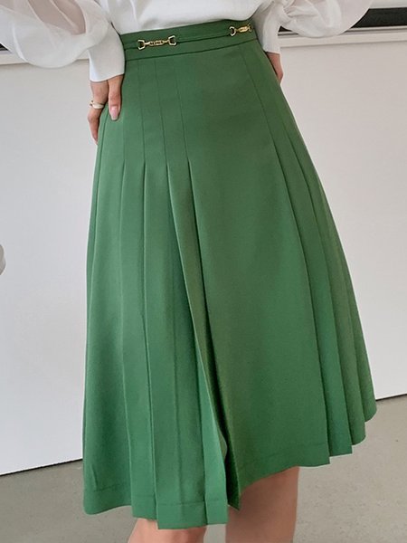 

Elegant Solid Pleated Midi Skirt, Green, Midi Skirts