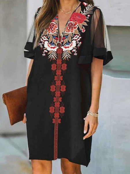 

Casual Loosen Tribal Short Sleeve Woven Dress, Black, Dresses