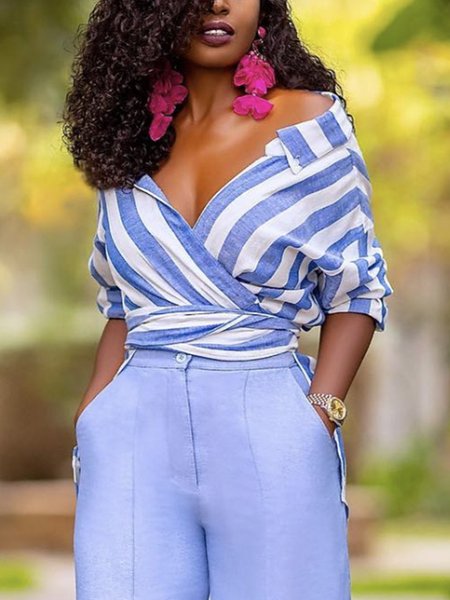 

Simple Striped Shirt Collar Blouse, Blue, Blouses and Shirts