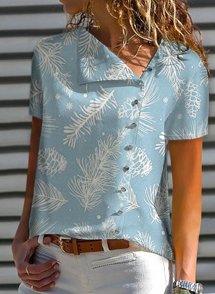 Casual Loosen Printed Short Sleeve Tops, Blue, Tops