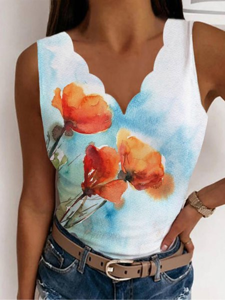 

Casual Floral Sleeveless V Neck Plus Size Printed Top Vests, Red, Tank Top