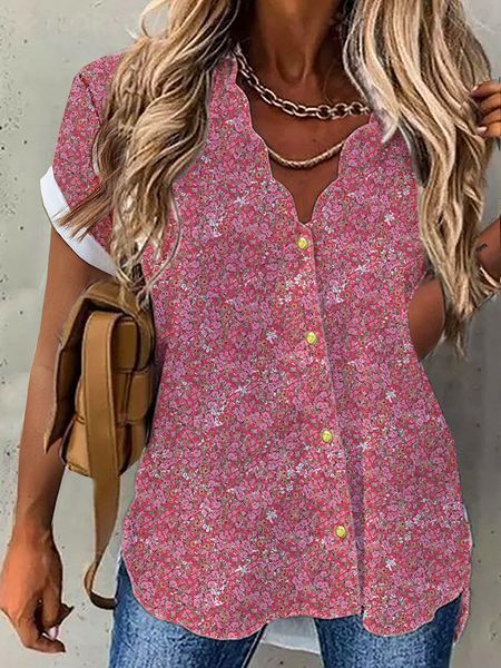 

V Neck Vacation Short Sleeve Blouse, Red, Blouses & Shirts