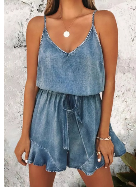 

Casual Plain V Neck Women Jumpsuit & Romper, Blue, Jumpsuits＆Rompers