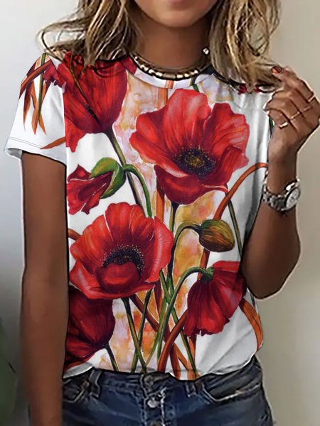 Women Floral Short Sleeve Tee T-shirt Crew Neck Sweet Summer Top, Red, T-Shirts