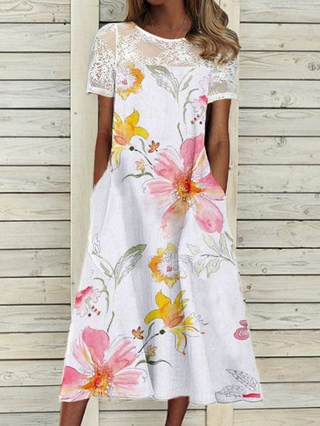 

Lace Vacation Short Sleeve Floral Woven Dress, White, Dresses