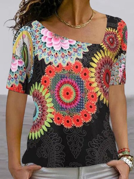 

Cotton Blends Loosen Casual Short Sleeve T-Shirt, Flower, T-Shirts