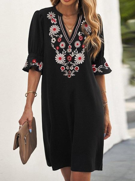 

Tribal Loosen V Neck Short Sleeve Woven Dress, Black, Dresses