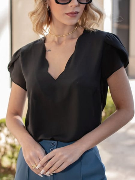 

Casual Solid Short Sleeve Regular Fit Top, Black, Tops